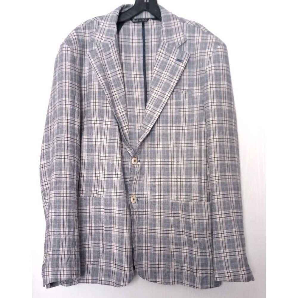 LUIGI FUSARO  linen blend US 44 / 46  blue plaid blazer jacket IT 56  Sport Coat